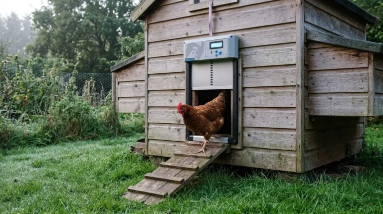 An automatic sliding door on a wooden hen house opening at dawn as a brown hen steps out onto a ramp
