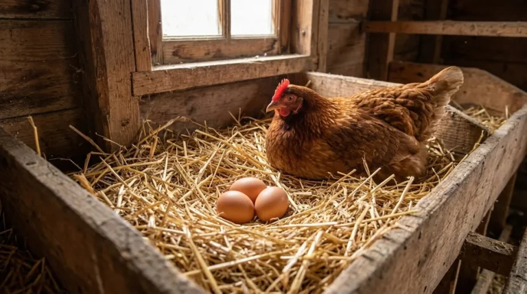 A brown hen sitting beside three eggs in a wooden nest box lined with chopped straw bedding