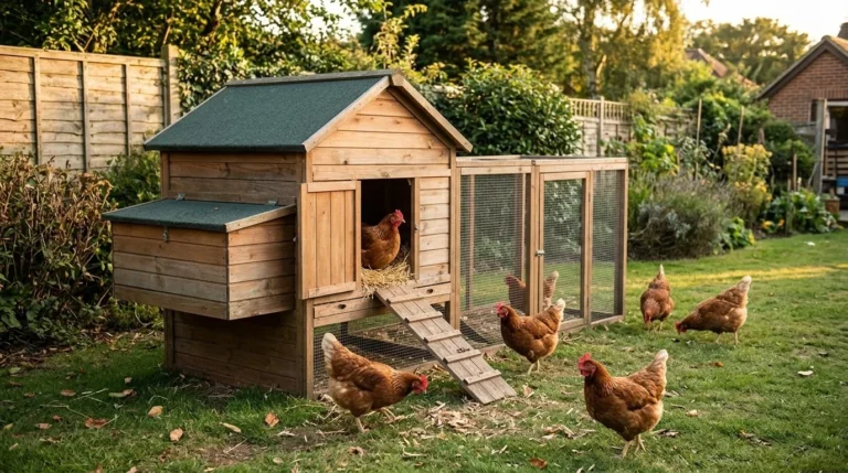 A wooden hen house with an attached run and a hen in the open nest box, with five more hens on the lawn