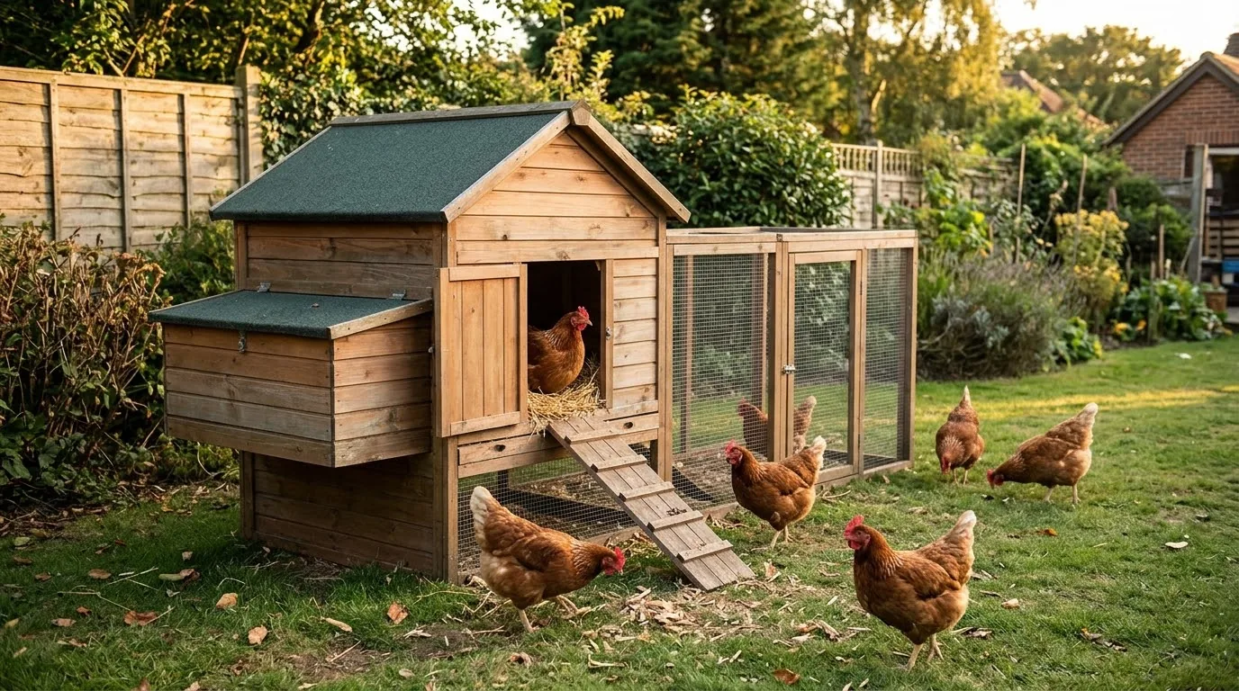A wooden hen house with an attached run and a hen in the open nest box, with five more hens on the lawn