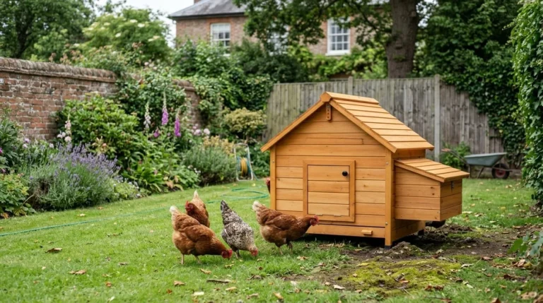 A wooden hen house with a side nest box on a lawn in an English back garden, with brown hens pecking at the grass