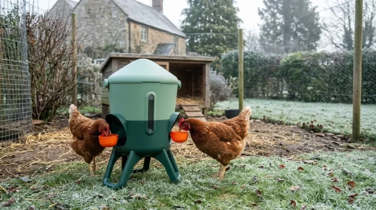 Two brown hens drinking from a green cup drinker in a chicken run on a frosty British morning