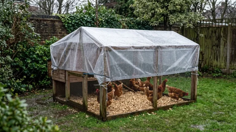 A wooden chicken run covered with a tied-down clear tarpaulin on a rainy day, with hens dry inside on wood chip
