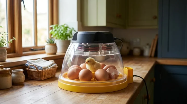 A small dome incubator on a kitchen worktop with brown eggs and a newly hatched yellow chick