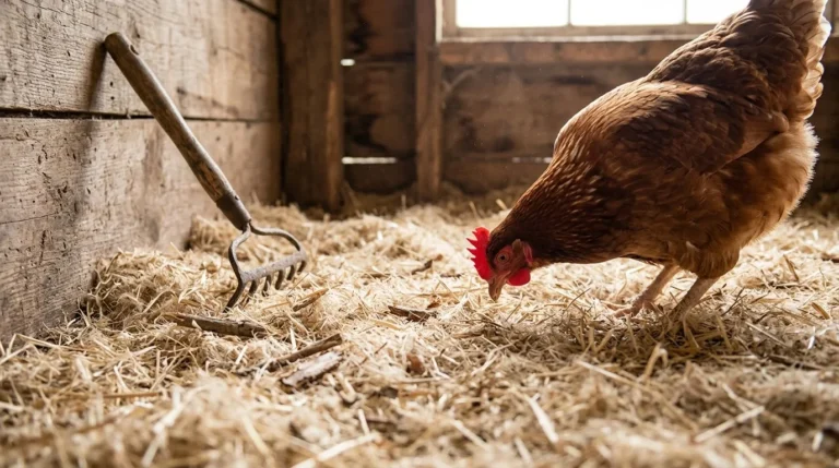 A brown hen scratching through light, fibrous hemp bedding on a wooden coop floor with a small rake against the wall
