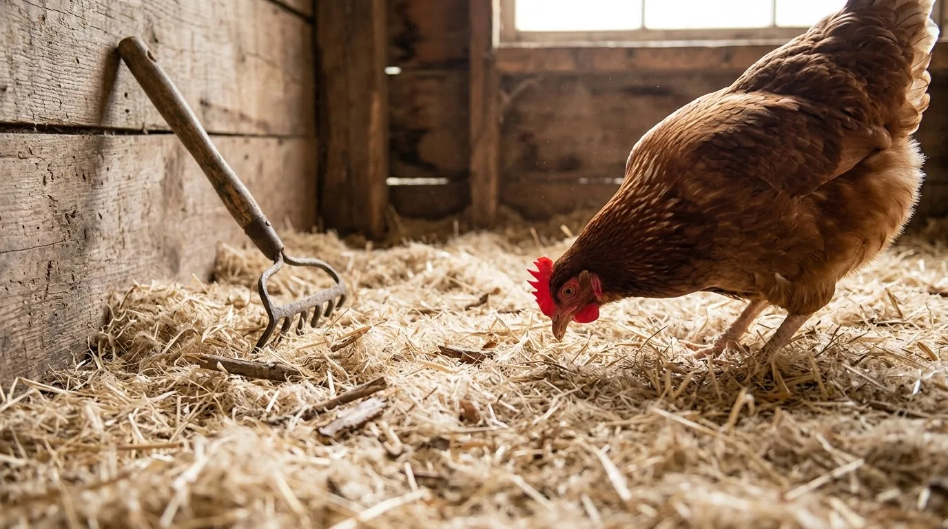 A brown hen scratching through light, fibrous hemp bedding on a wooden coop floor with a small rake against the wall