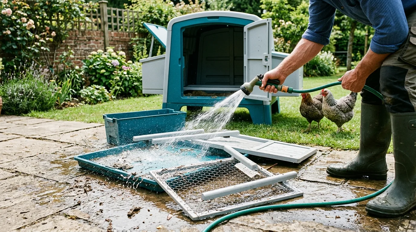 Hosing down the removable tray and perches of a plastic chicken coop on a garden patio