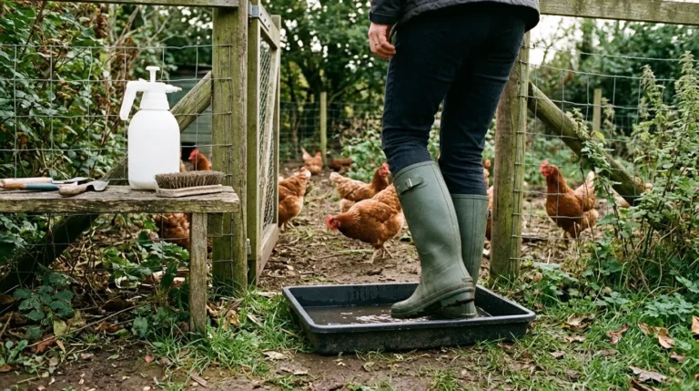 A keeper in green wellies standing in a disinfectant footdip tray at the gate of a chicken run, with a sprayer and brush on a bench