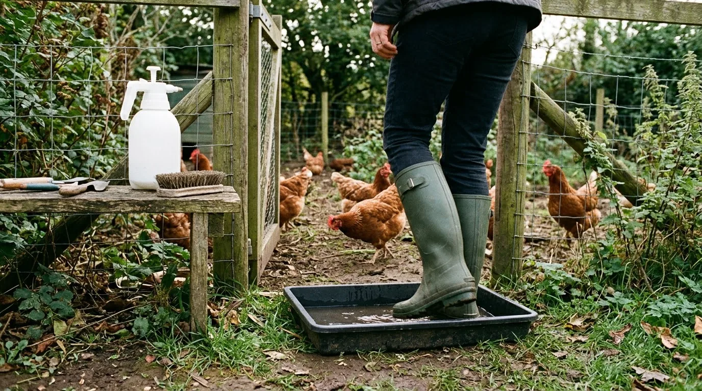 A keeper in green wellies standing in a disinfectant footdip tray at the gate of a chicken run, with a sprayer and brush on a bench