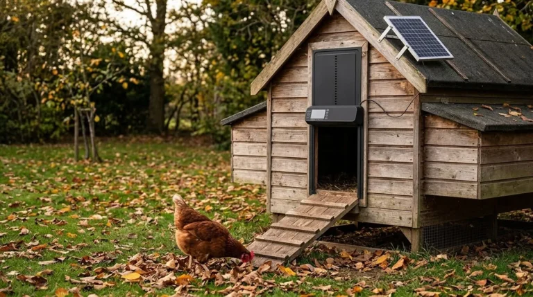 A wooden hen house with a black automatic pop-hole door and a small solar panel on the roof, in an autumn garden with a hen nearby