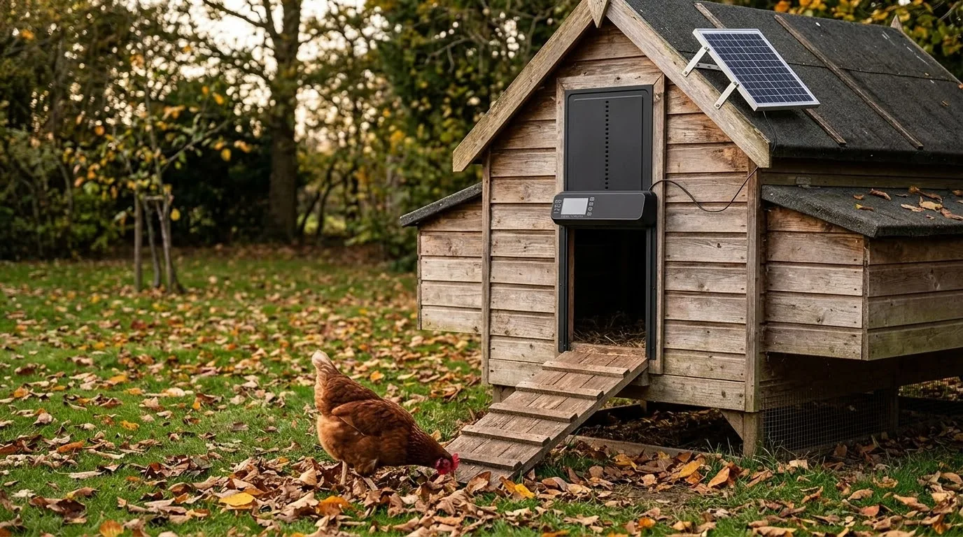 A wooden hen house with a black automatic pop-hole door and a small solar panel on the roof, in an autumn garden with a hen nearby