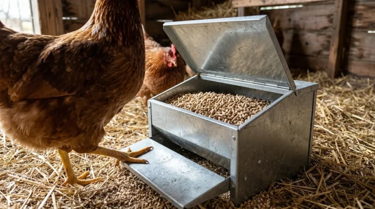 A brown hen stepping on the plate of a galvanised treadle feeder with the lid raised to reveal layers pellets