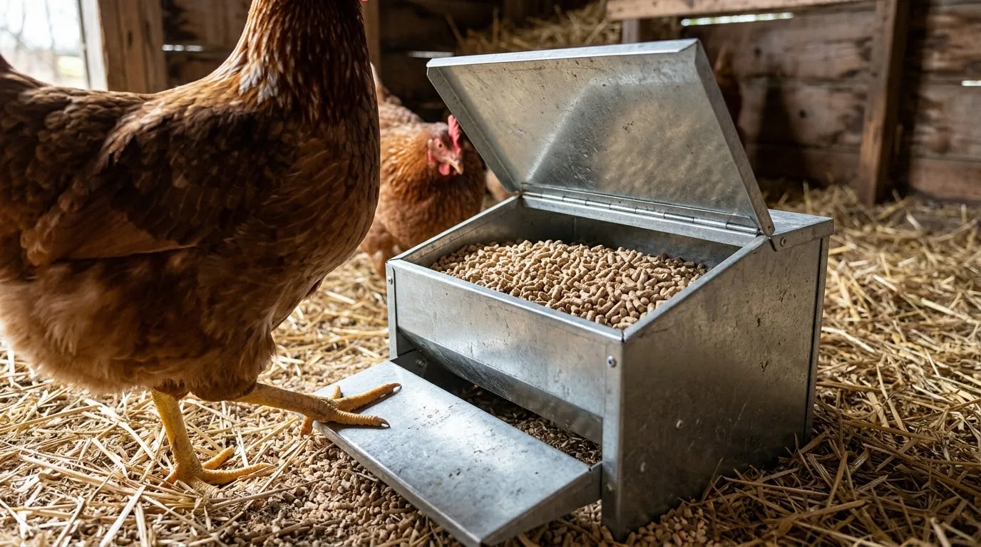 A brown hen stepping on the plate of a galvanised treadle feeder with the lid raised to reveal layers pellets