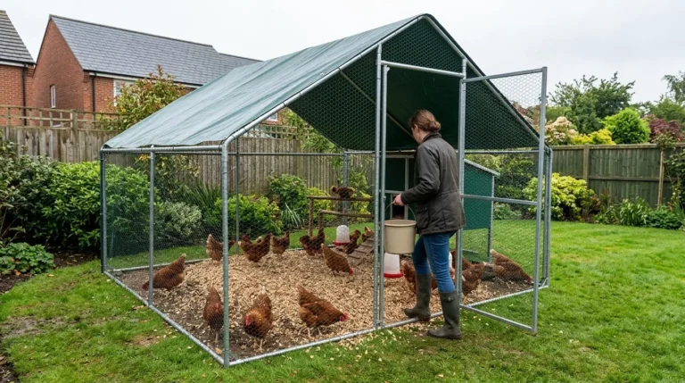 A keeper carrying a bucket into a large galvanised walk-in chicken run with a green cover, hens on wood chip inside