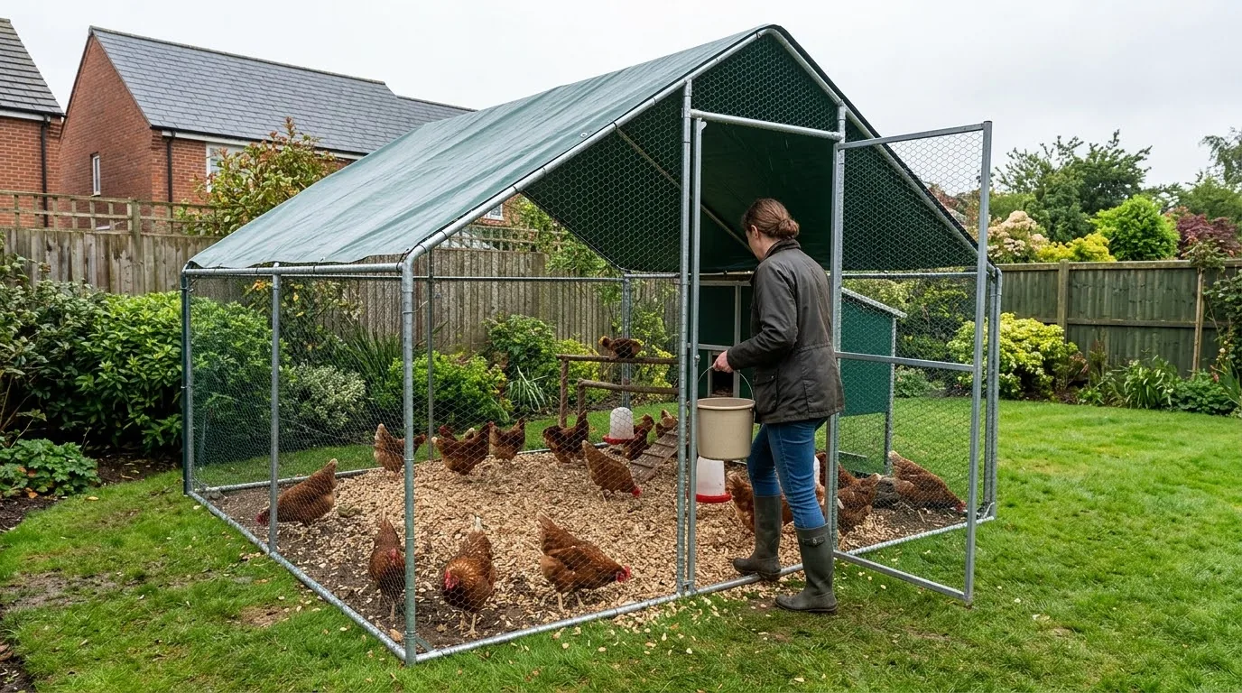 A keeper carrying a bucket into a large galvanised walk-in chicken run with a green cover, hens on wood chip inside