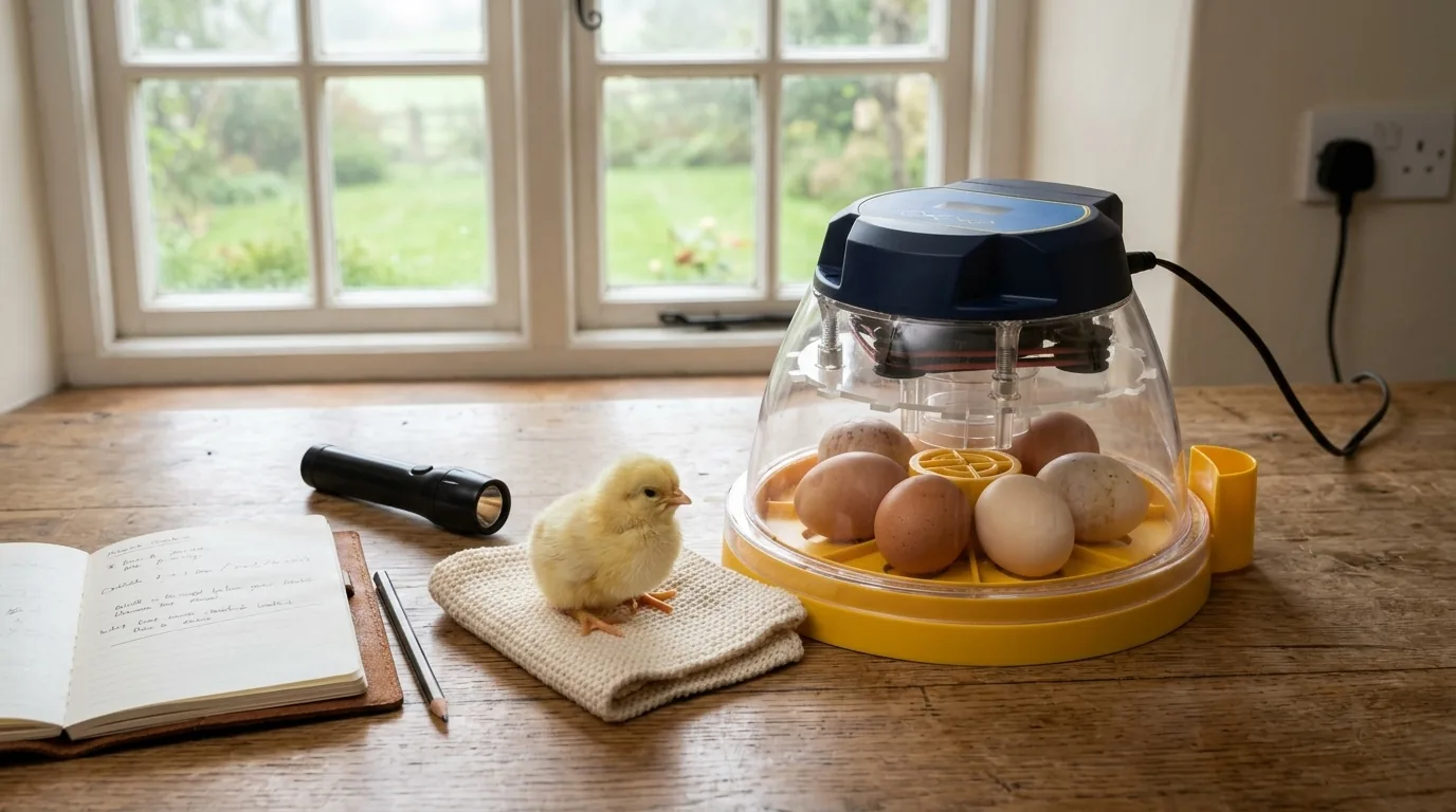 A compact egg incubator with eggs on a farmhouse kitchen table beside a newly hatched chick