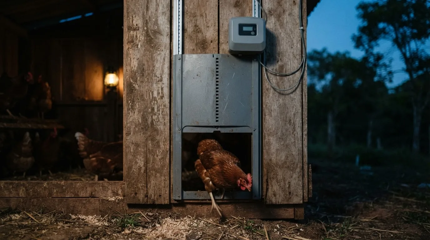 A grey automatic sliding coop door with a small motor unit as the last hen goes into a wooden coop at dusk