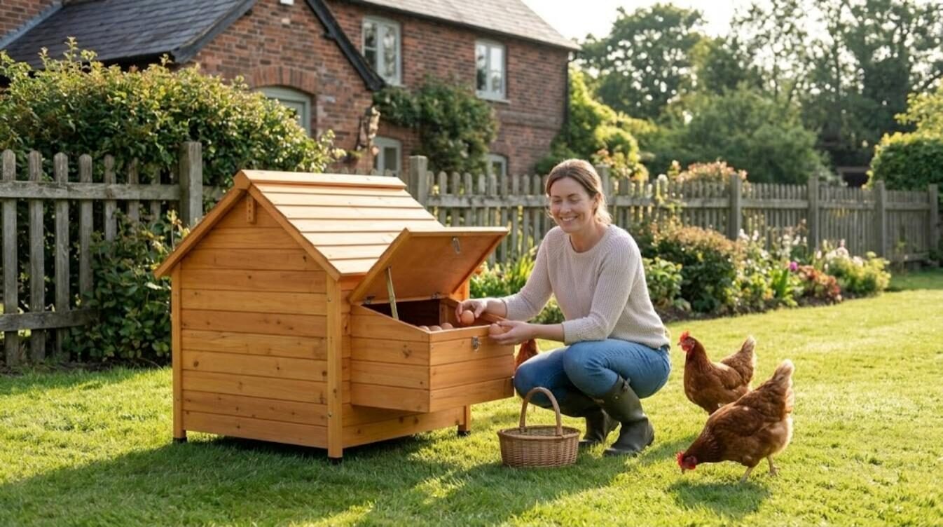 A smiling woman collecting brown eggs from the nest box of a wooden hen house in an English back garden, with hens pecking nearby