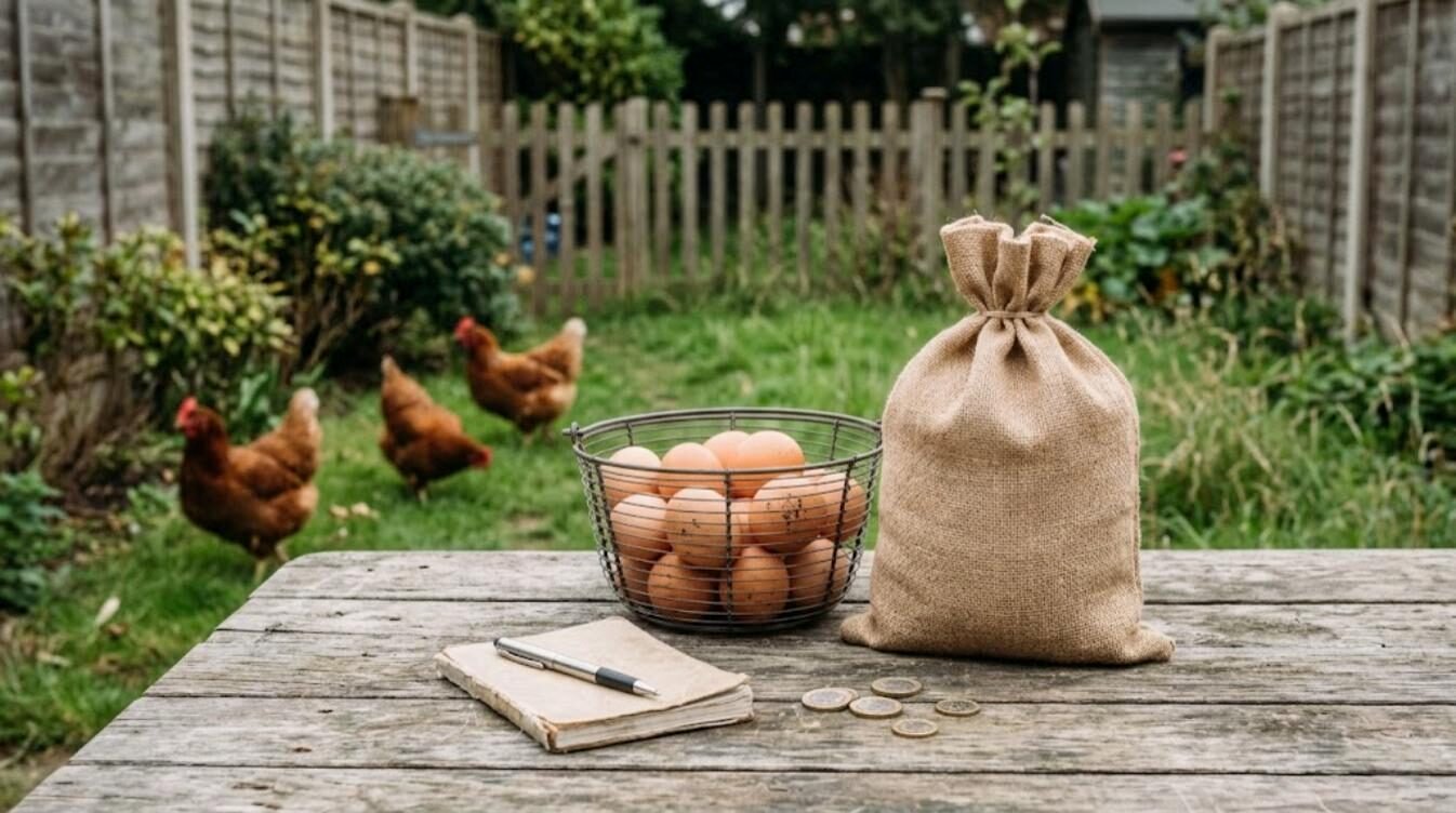 A basket of fresh brown eggs, a sack of feed, a notebook and pound coins on a garden table with hens behind