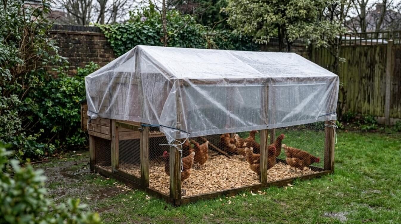 A wooden chicken run covered with a tied-down clear tarpaulin on a rainy day, with hens dry inside on wood chip