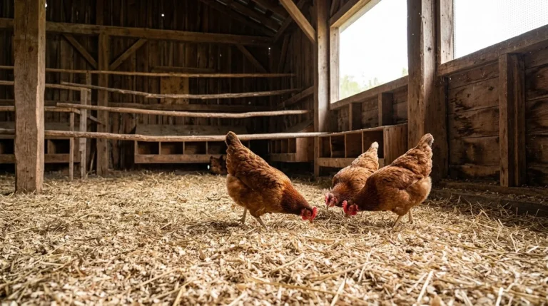 Three brown hens scratching through deep wood shaving and straw litter inside a large wooden walk-in coop
