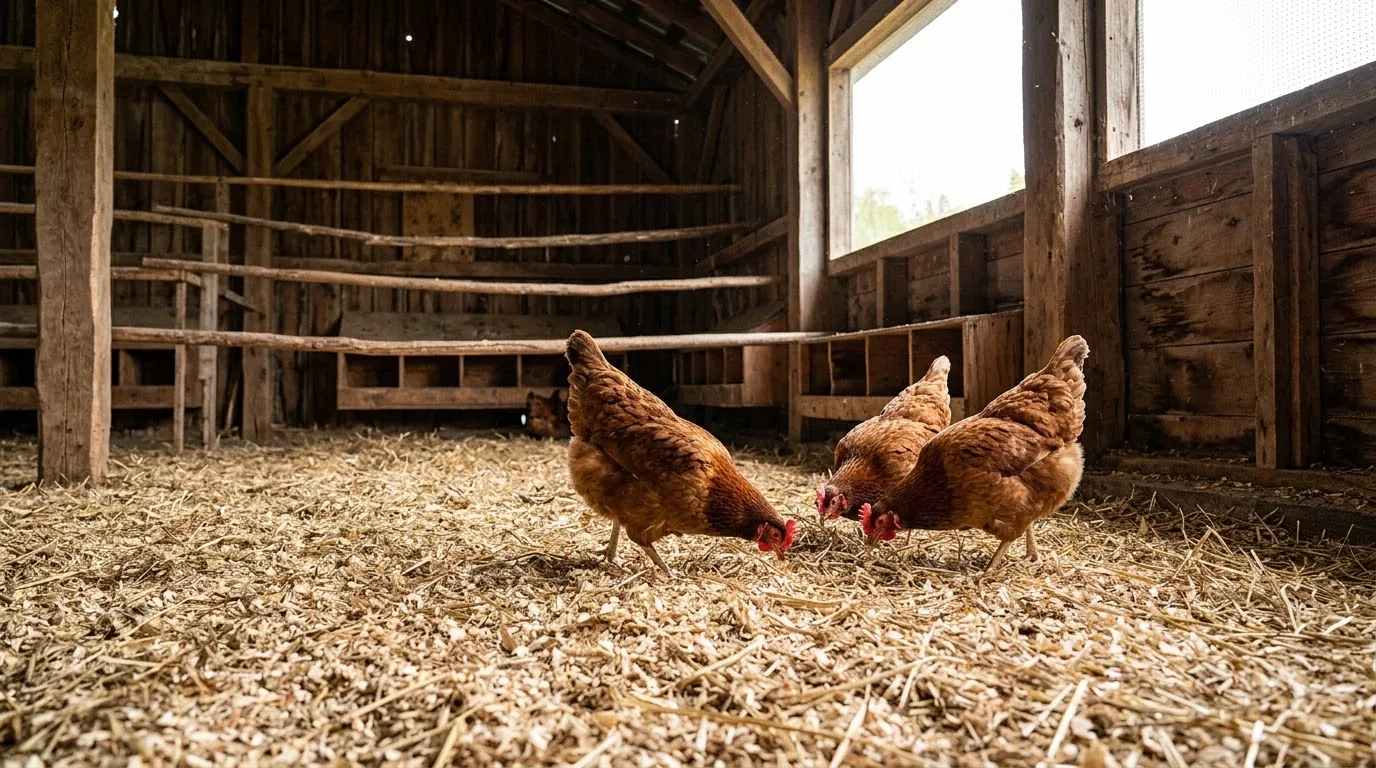 Three brown hens scratching through deep wood shaving and straw litter inside a large wooden walk-in coop