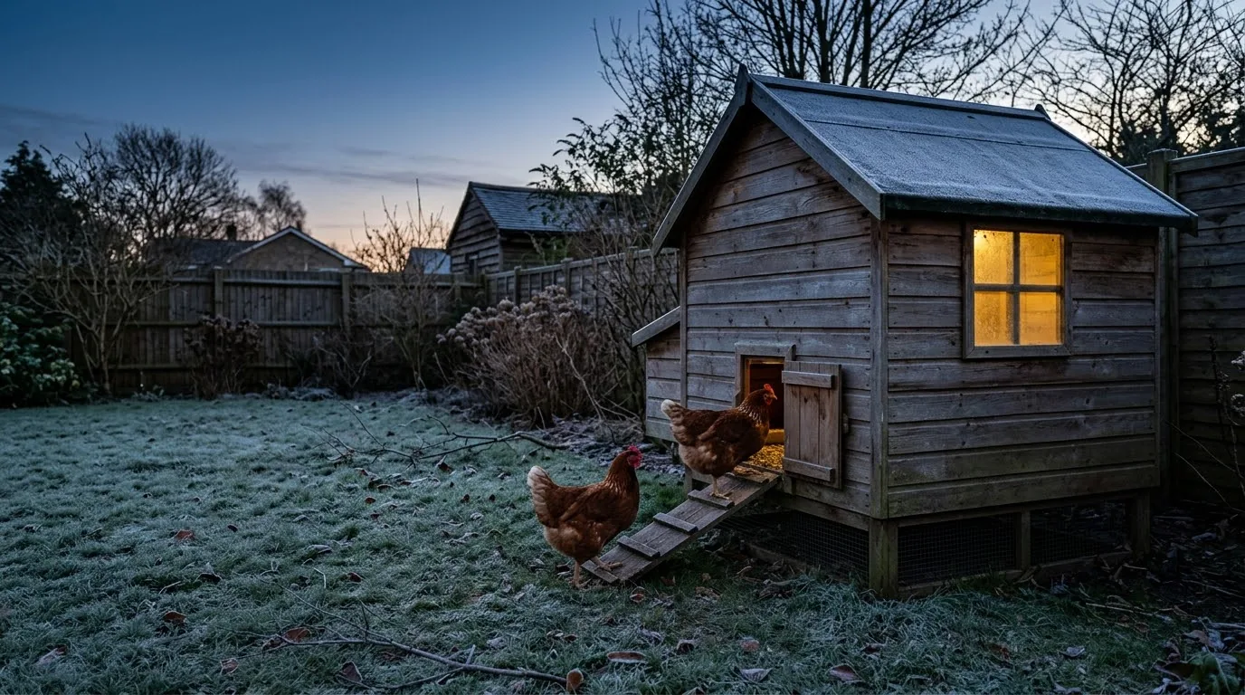 Hens going up the ramp into a wooden coop with a warm light in the window on a frosty British winter evening