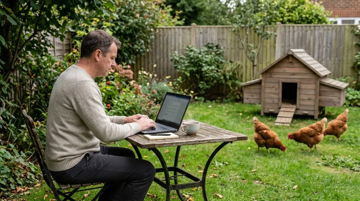 A man filling in an online form on a laptop at a garden table, with a wooden hen house and three brown hens on the lawn behind him