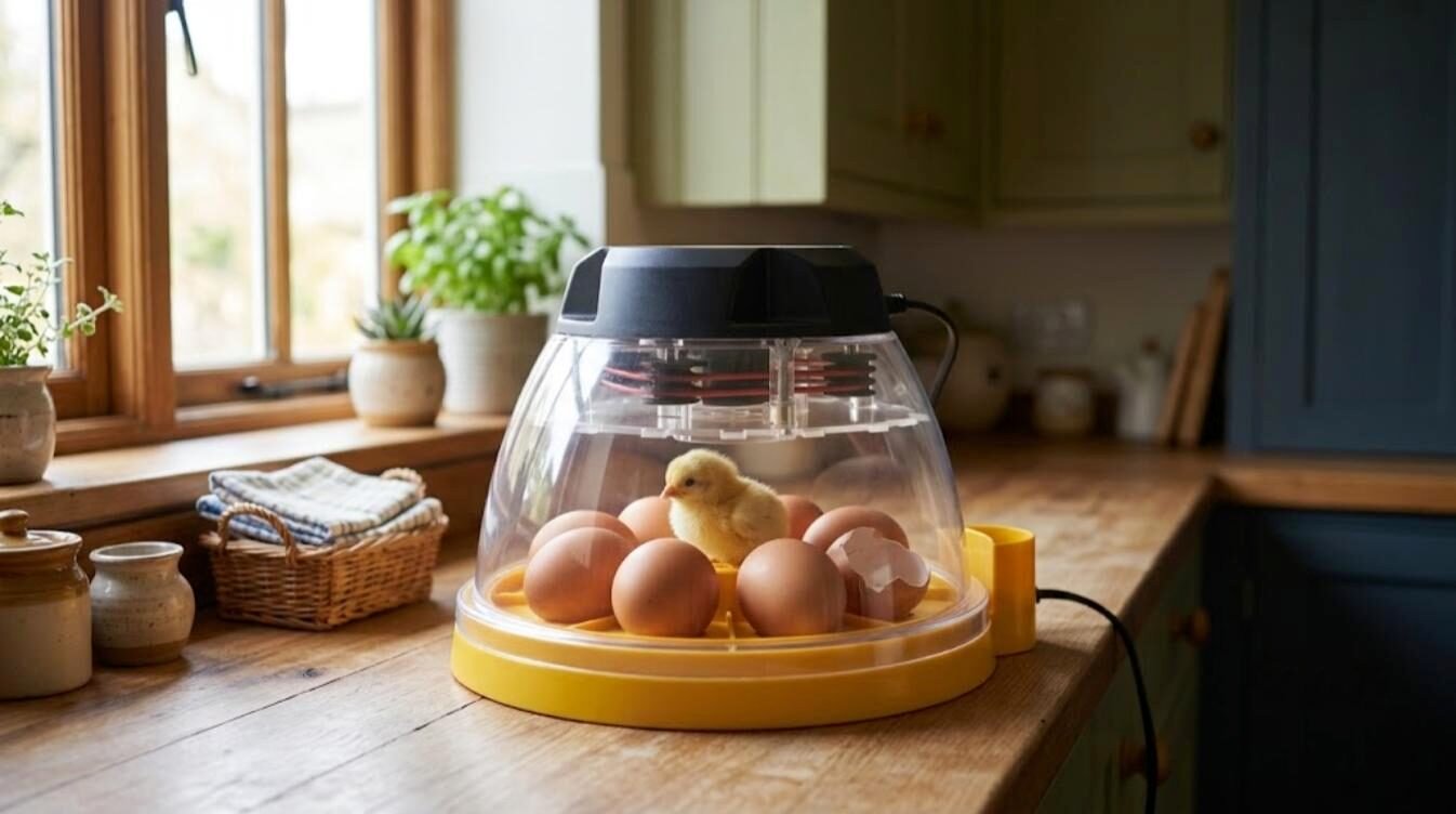 A small dome incubator on a kitchen worktop with brown eggs and a newly hatched yellow chick