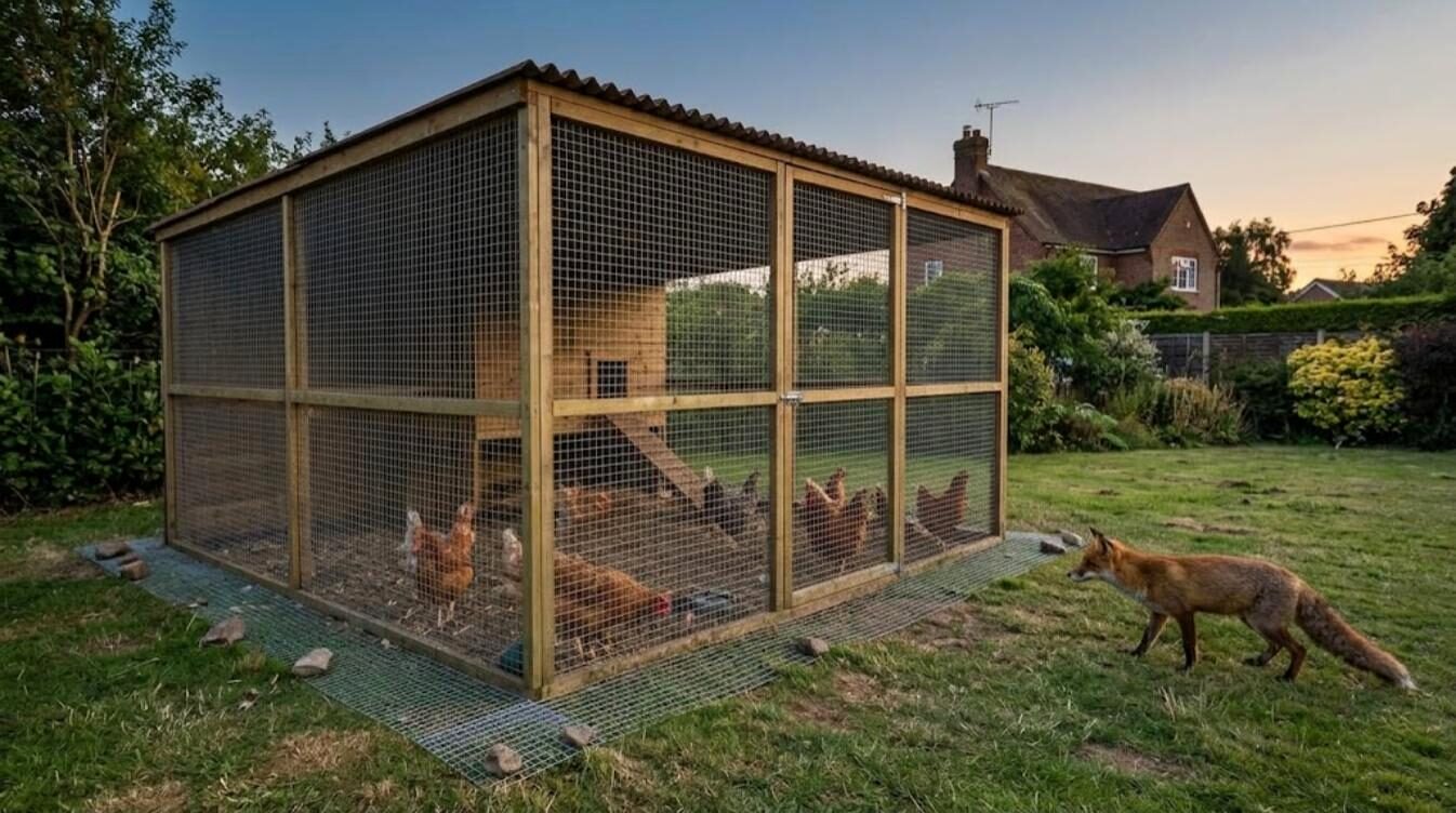 A covered walk-in chicken run built from timber and galvanised welded mesh with a mesh apron, hens safe inside and a fox outside on the lawn at dusk