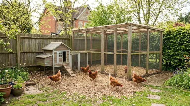 Hens with plenty of space in a large covered run beside a wooden hen house in an English back garden