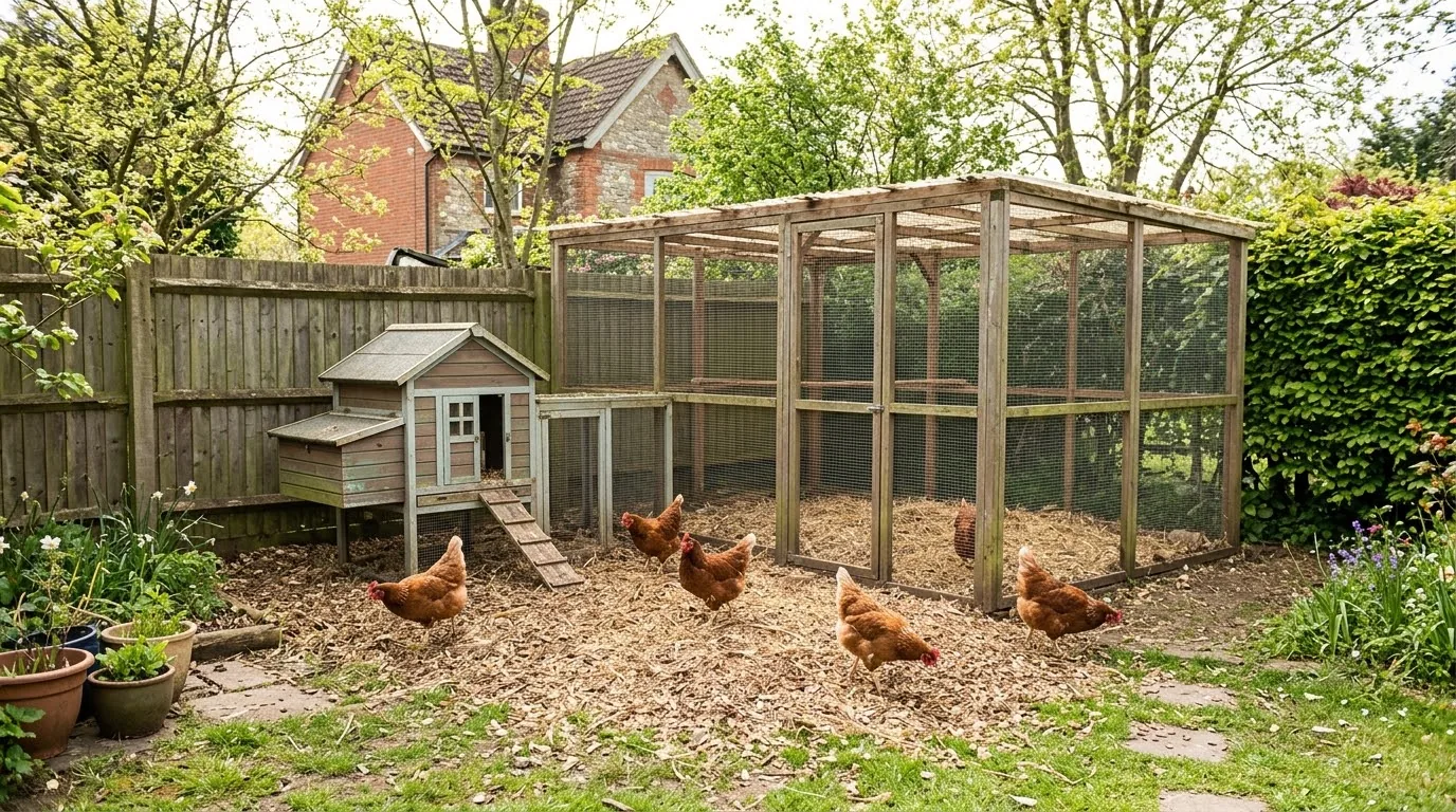 Hens with plenty of space in a large covered run beside a wooden hen house in an English back garden
