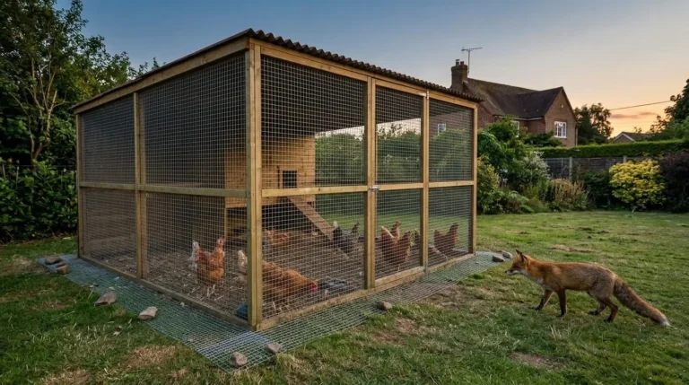 A covered walk-in chicken run built from timber and galvanised welded mesh with a mesh apron, hens safe inside and a fox outside on the lawn at dusk