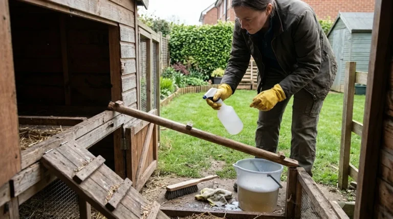 A hen keeper in rubber gloves spraying a removed perch while deep-cleaning a wooden chicken coop in a British back garden