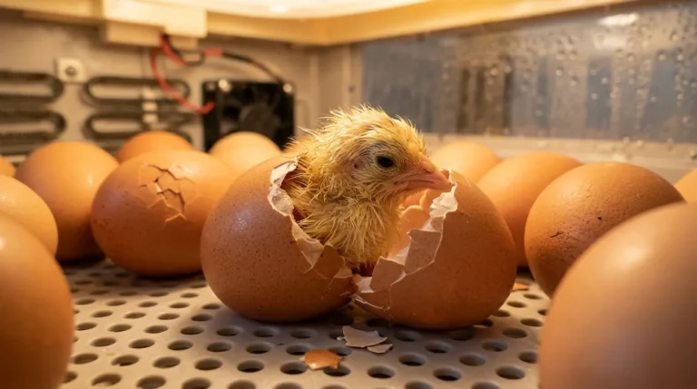 A fluffy chick breaking out of a brown eggshell inside an incubator