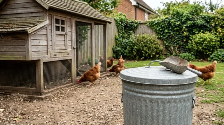 A galvanised metal bin with a tight lid storing chicken feed beside a wooden coop, with hens in the background