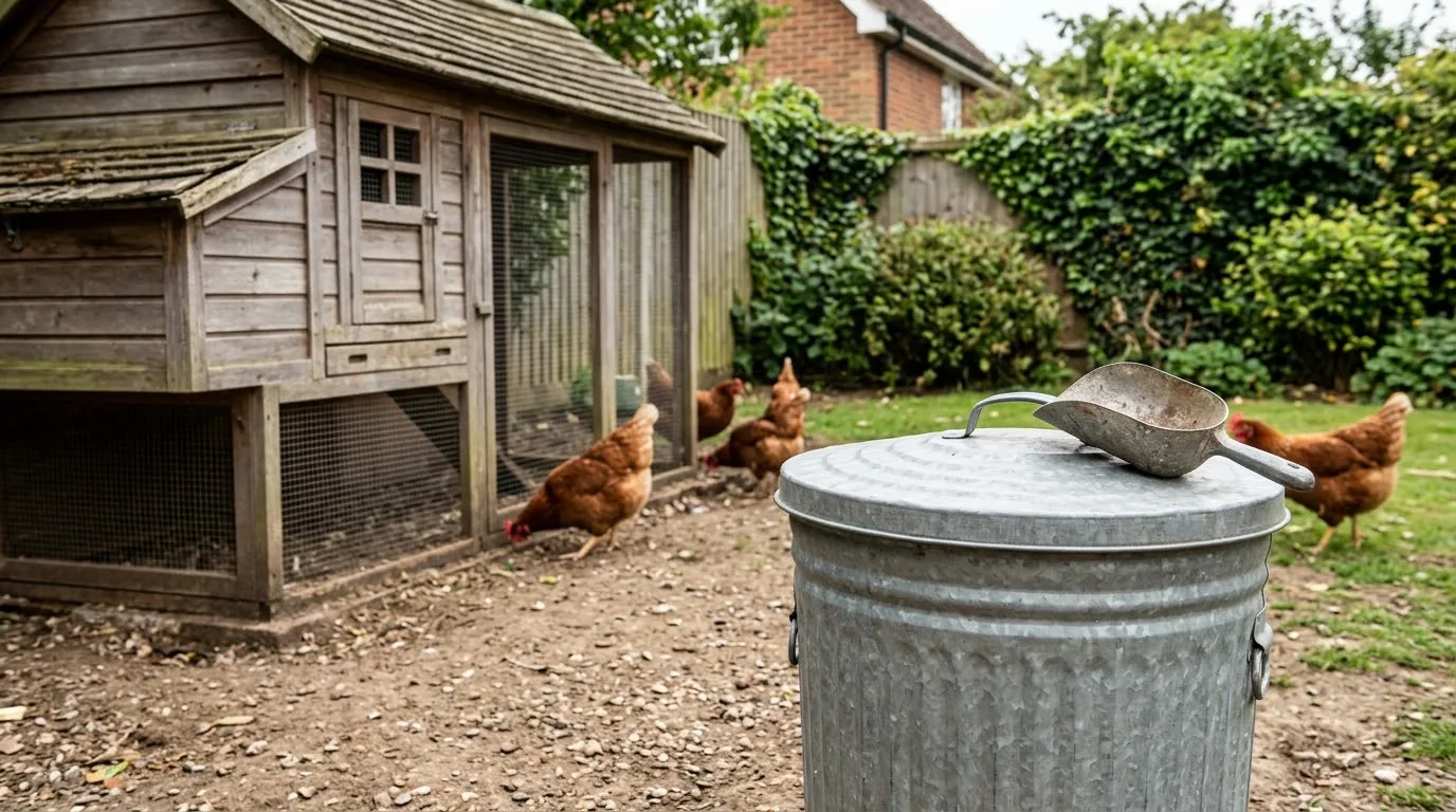 A galvanised metal bin with a tight lid storing chicken feed beside a wooden coop, with hens in the background