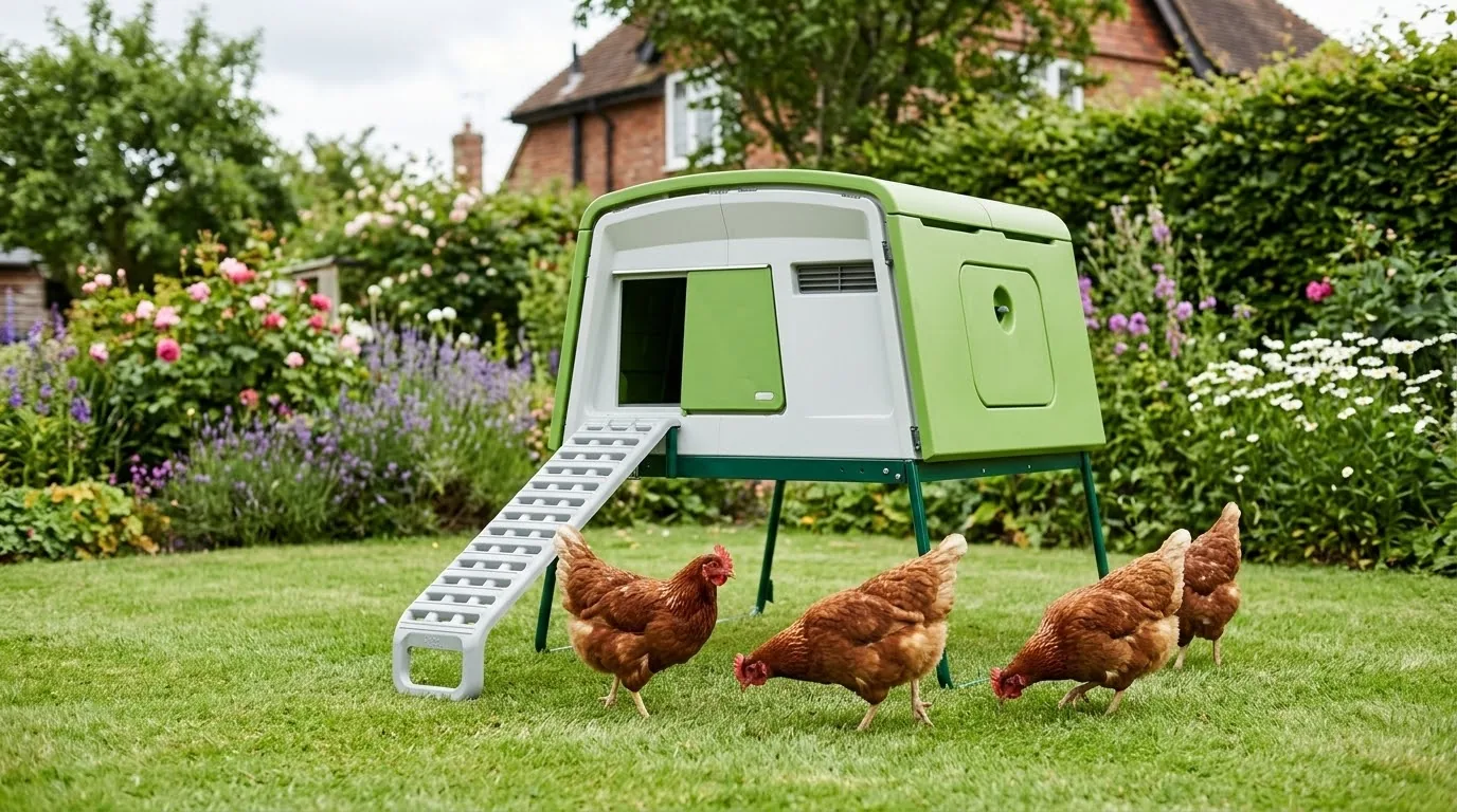 A modern green plastic chicken coop on legs with a ramp on a lawn surrounded by flower borders, with brown hens