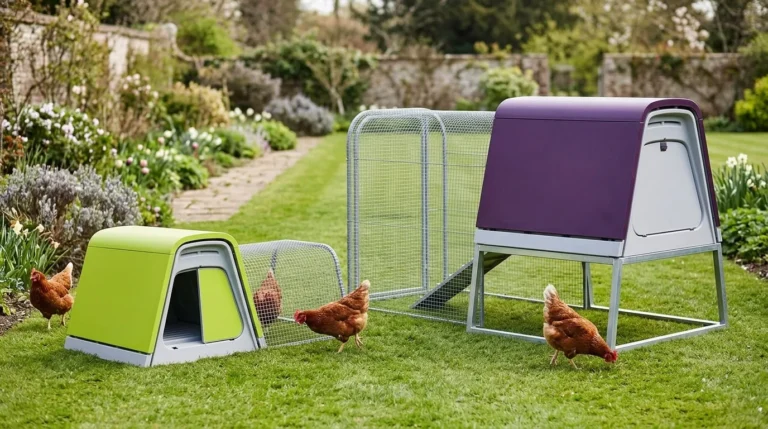 A small green plastic hen house beside a larger purple raised plastic coop with run in an English garden