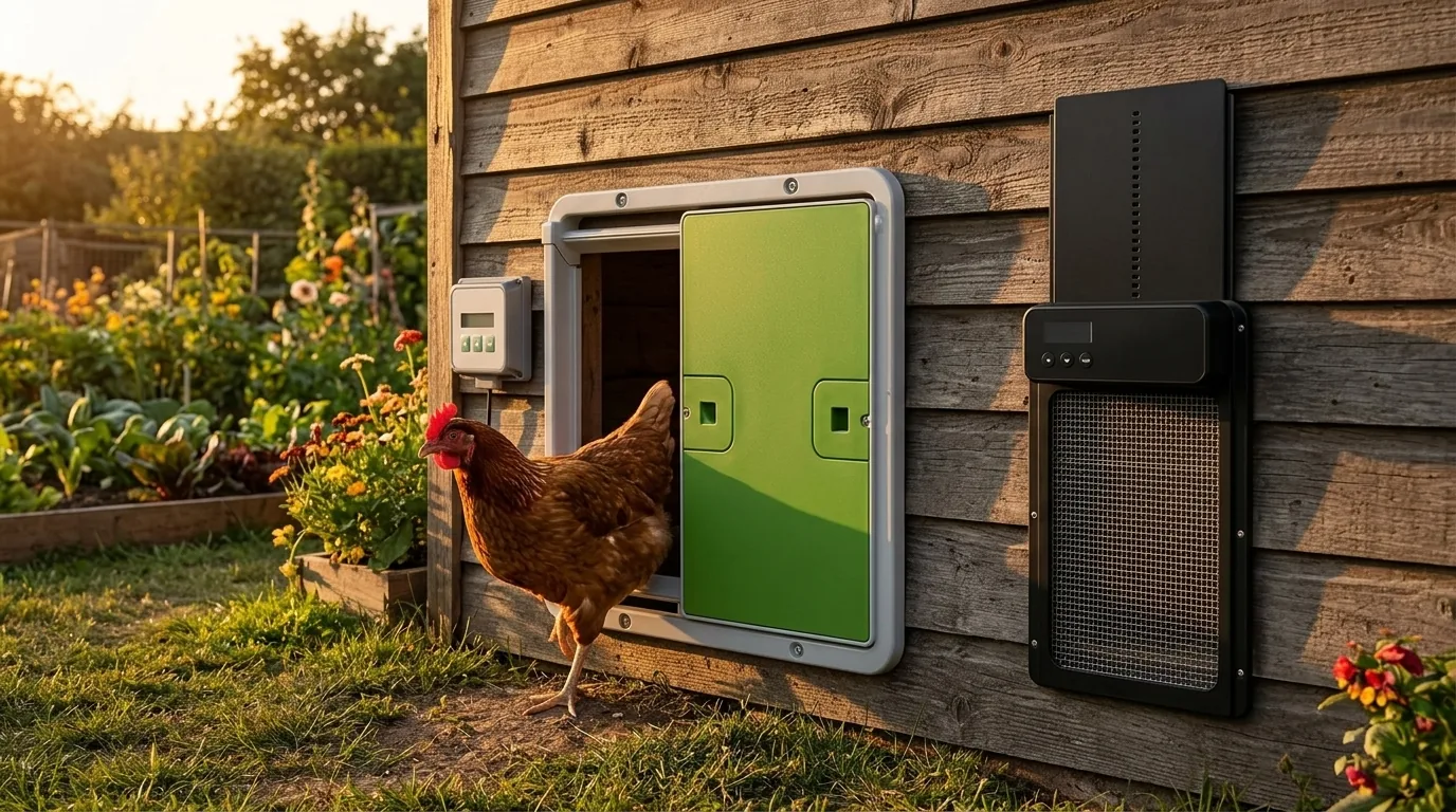 Two different automatic chicken coop doors fitted side by side on a wooden coop at sunset