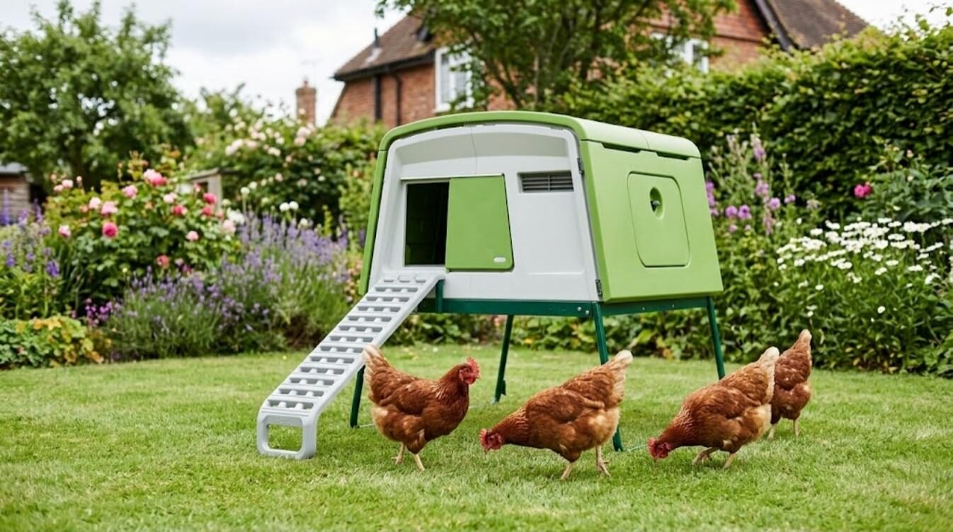 A modern green plastic chicken coop on legs with a ramp on a lawn surrounded by flower borders, with brown hens