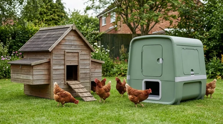A traditional wooden chicken coop beside a modern green plastic coop on a lawn, with hens in between